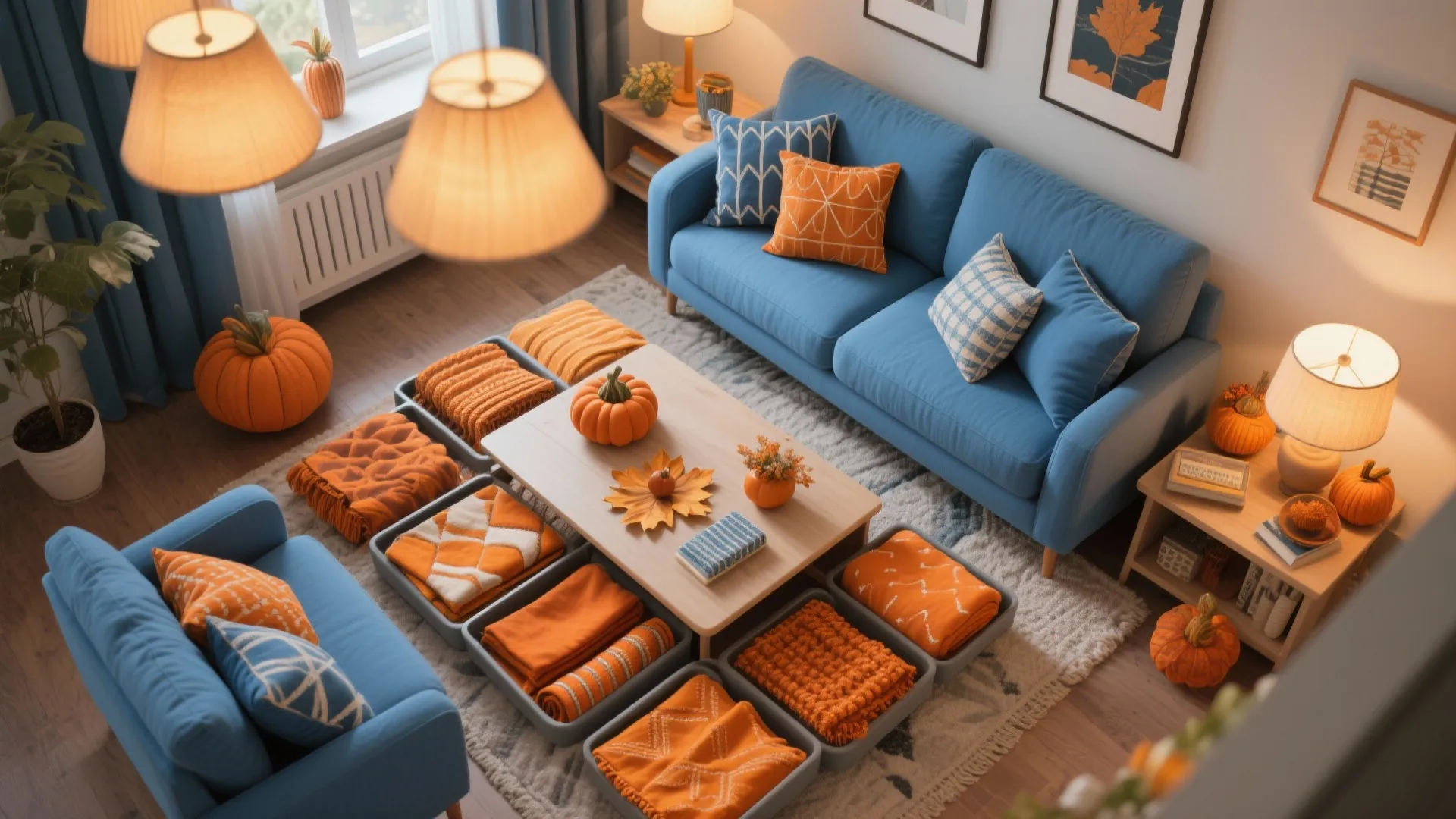 Cozy living room with blue sofas orange blankets pumpkins wood coffee table and warm ceiling lights