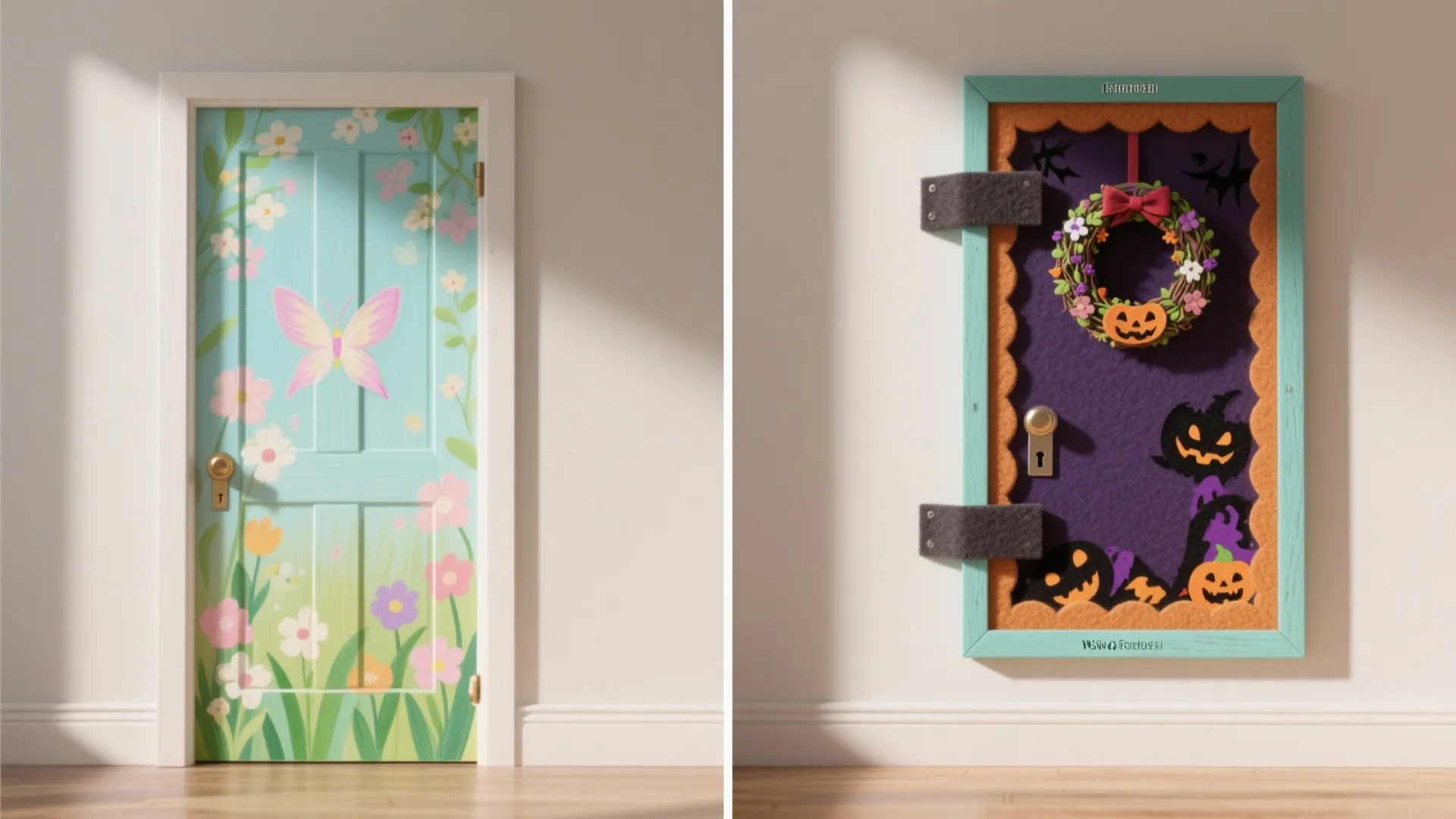 Side-by-side comparison of spring floral door design versus purple halloween themed door with festive wreath