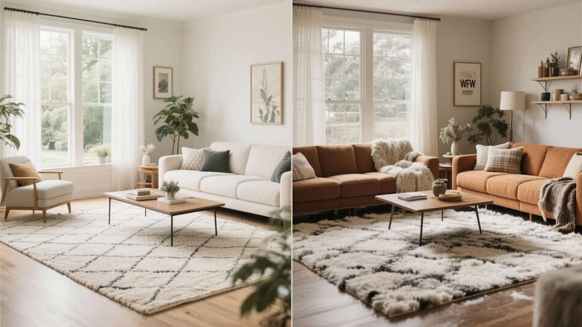 Comparison of two living rooms showing white sofa and brown sofa with different floor rugs