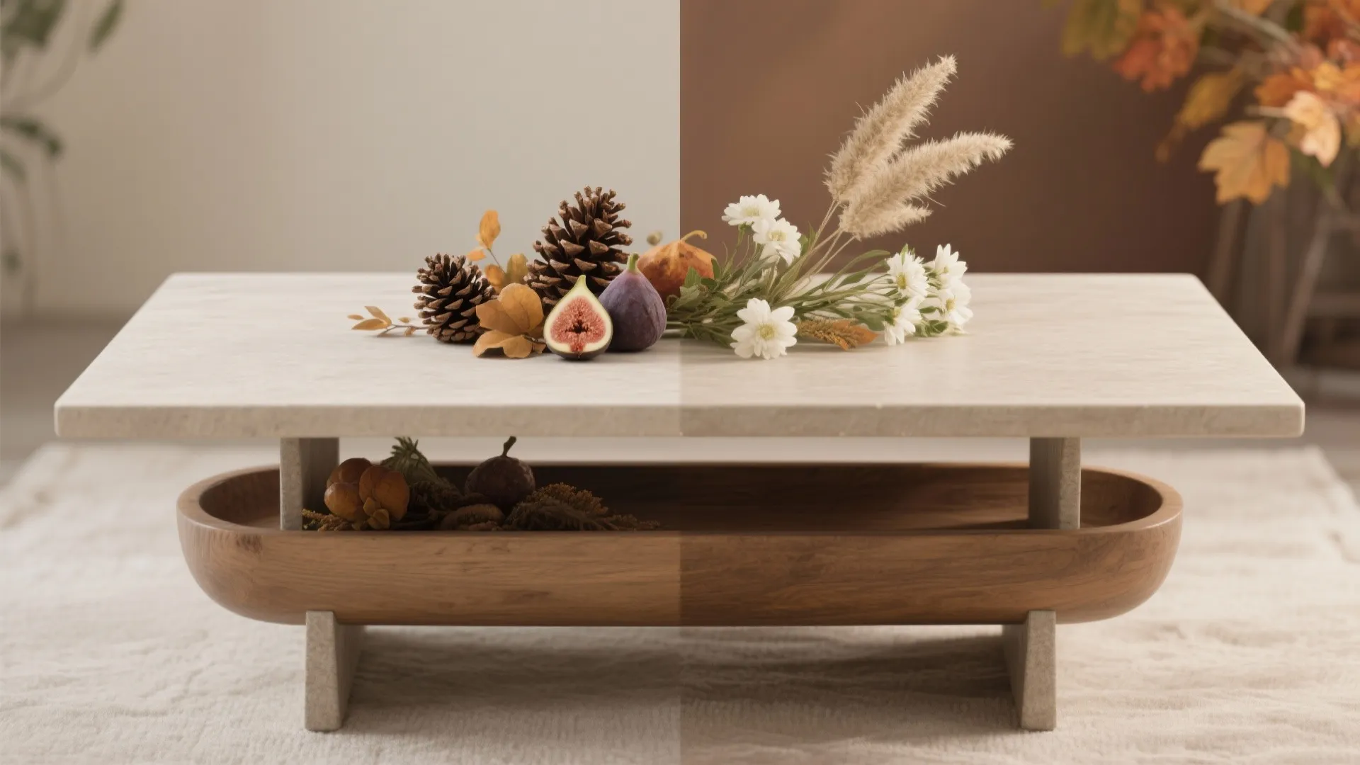 Split image of a neutral wooden trough base and the same table updated with seasonal accents like pinecones and pampas, demonstrating before and after styling.