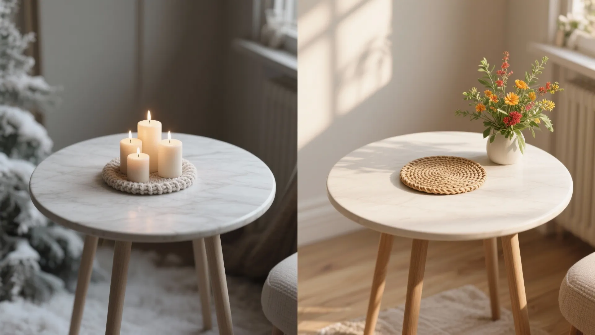 Before and after comparison of winter candles versus spring flowers on a small marble table