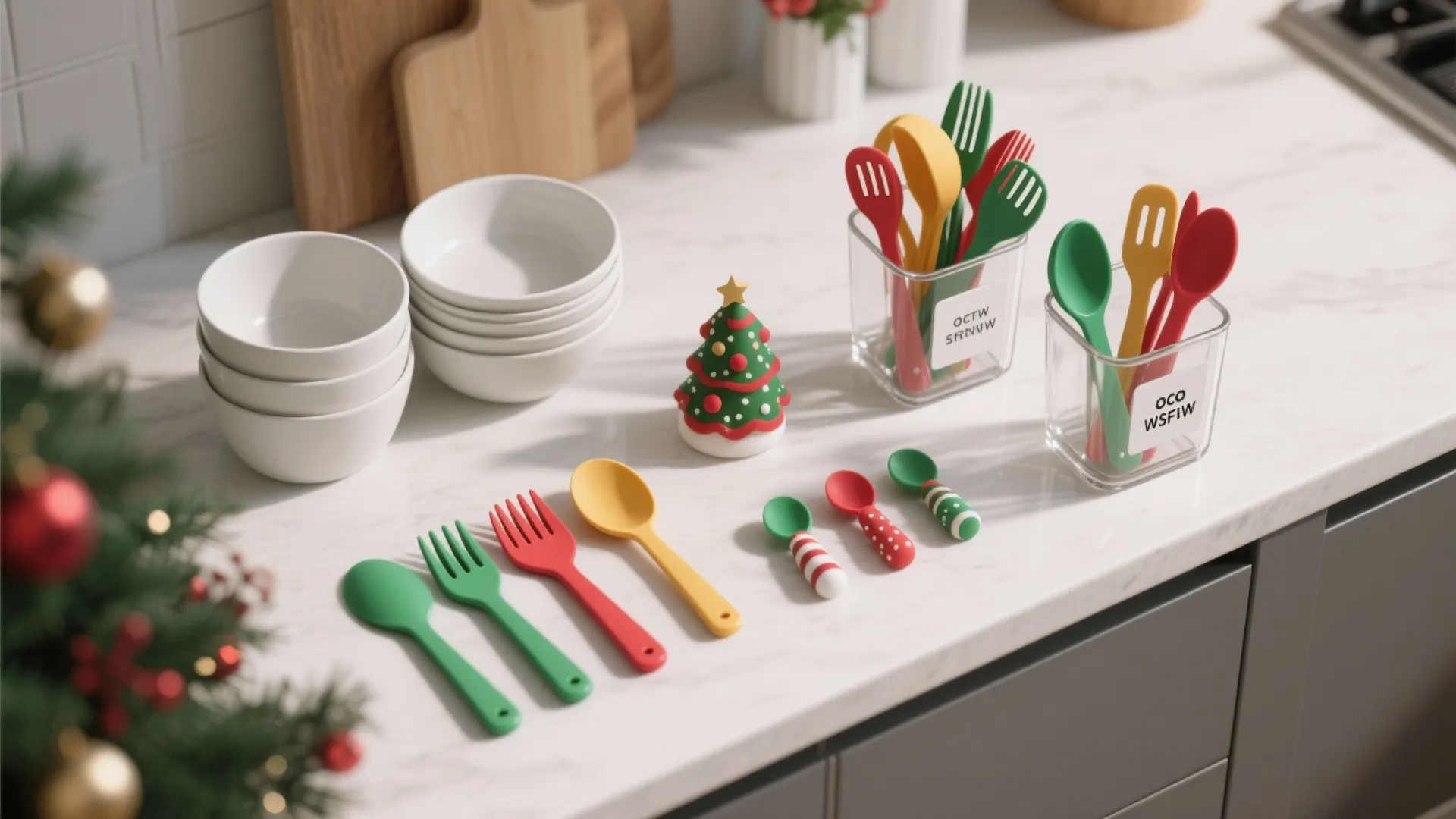 Holiday kitchen counter with festive green and red spoons and forks next to small Christmas tree