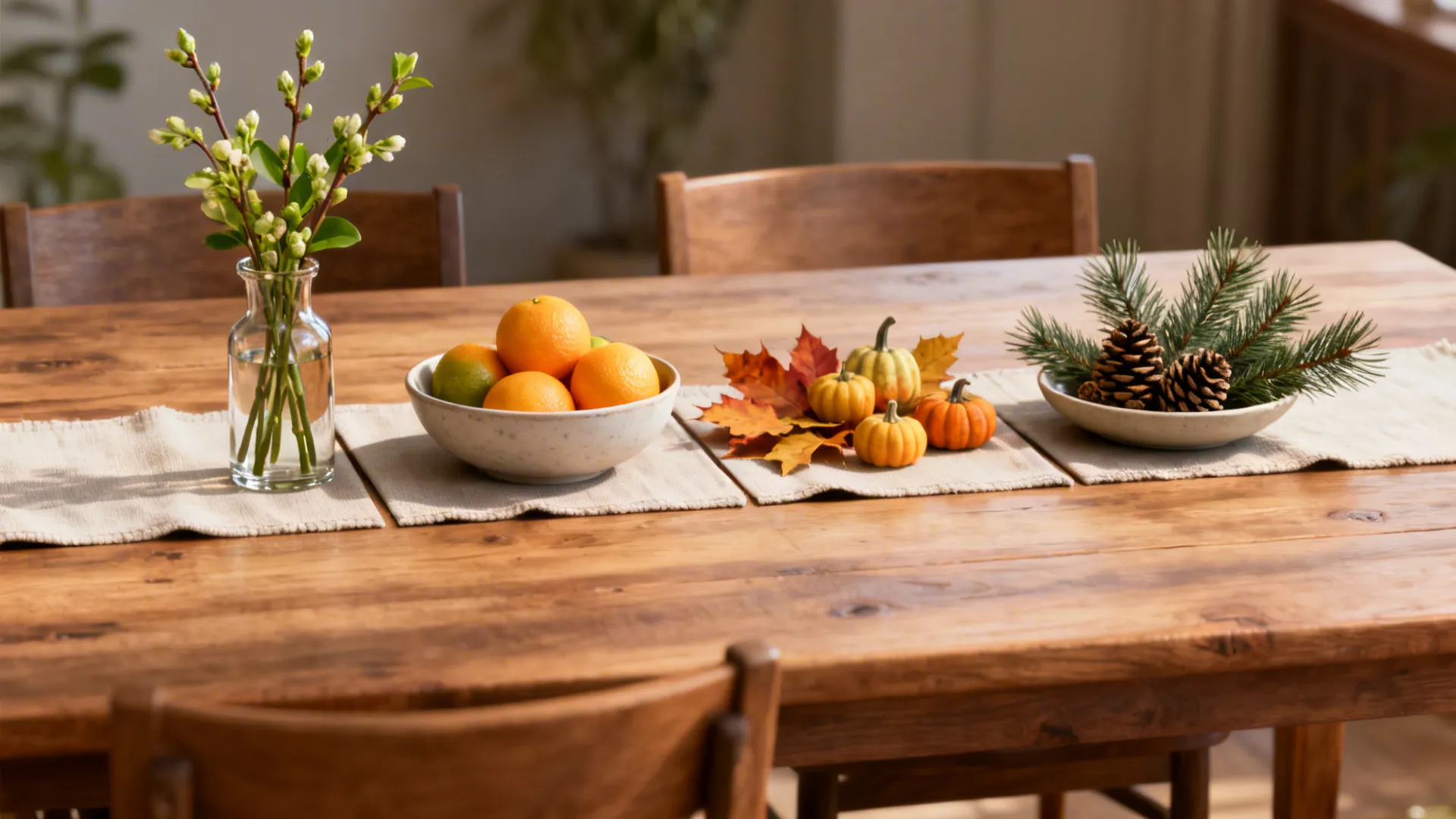 Four seasonal vignettes on a wooden dining table showing spring, summer, autumn and winter decor swaps.