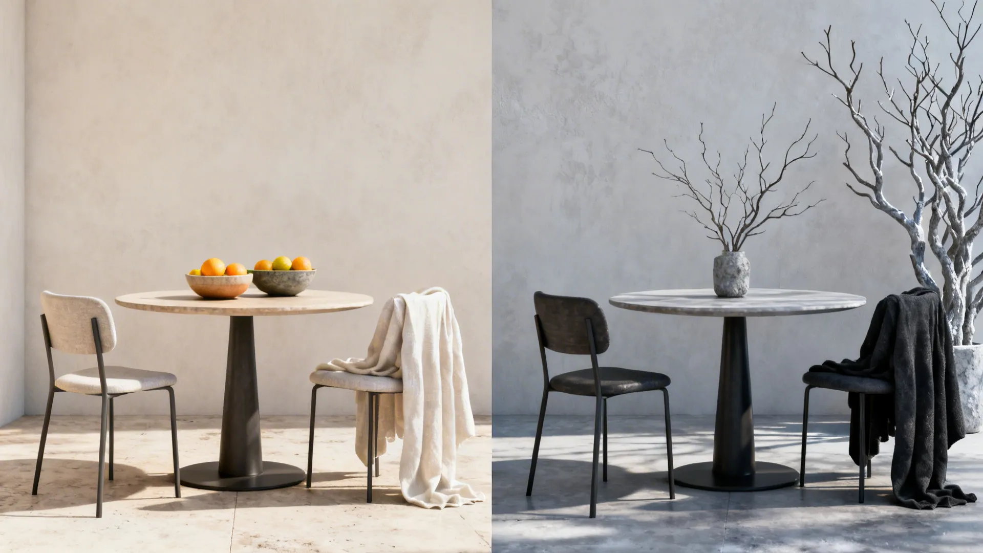 Before-and-after split of a dining table styled for summer with citrus and linen and for winter with sculptural branches.