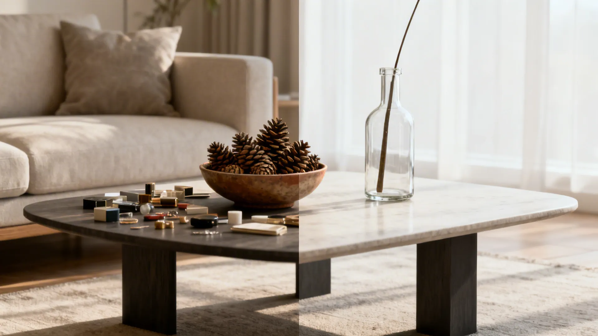 Before-and-after styling of a coffee table showing seasonal swaps and reduced clutter