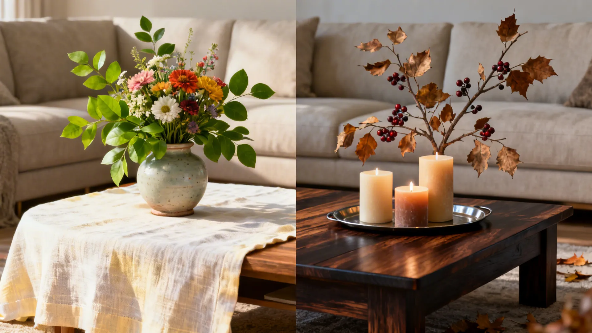 Side by side comparison of spring flowers in vase versus autumn candles and brown dried leaves