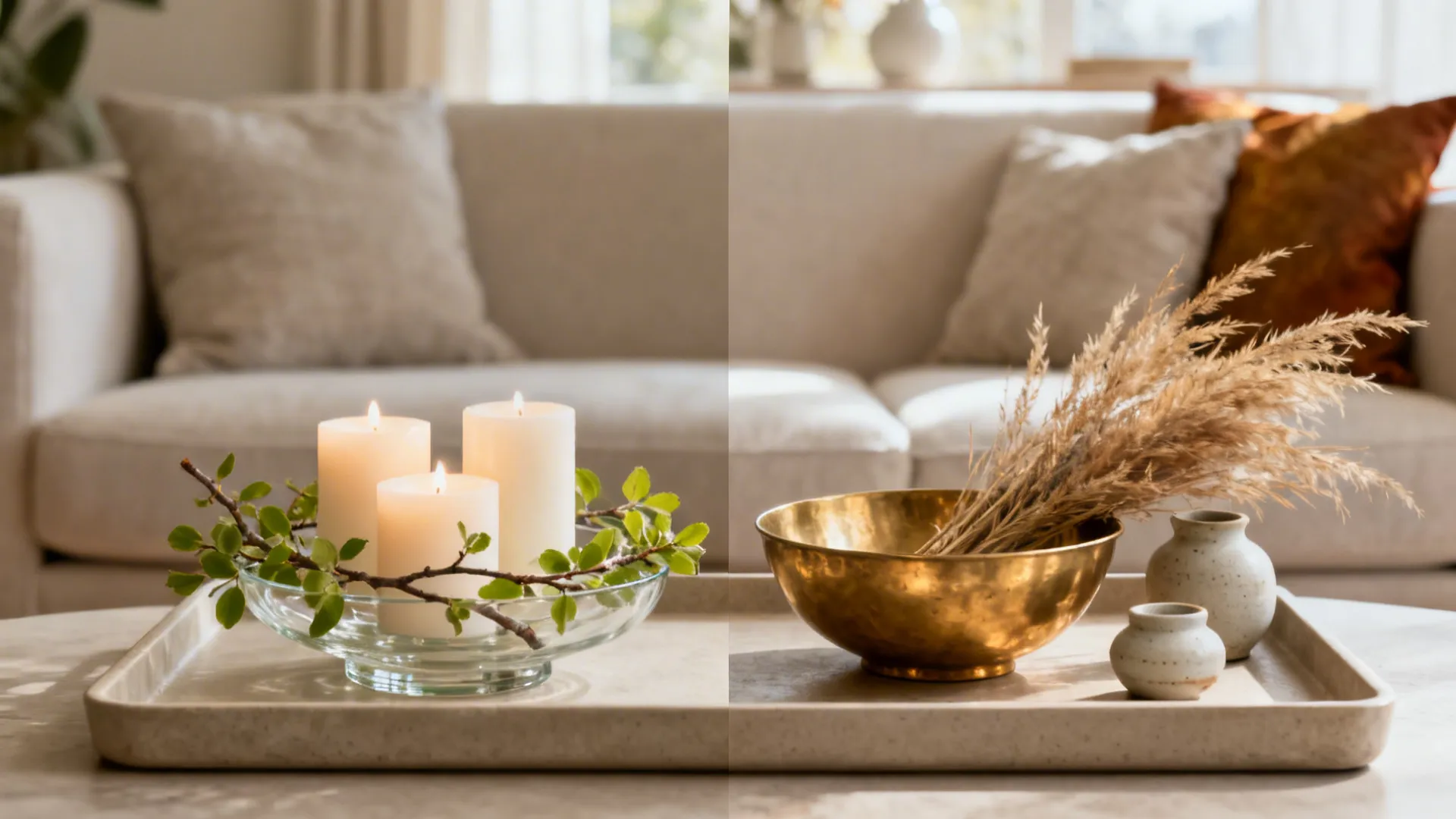 Centre table styled for spring-summer with glass and branches versus autumn-winter with brass and dried grasses.
