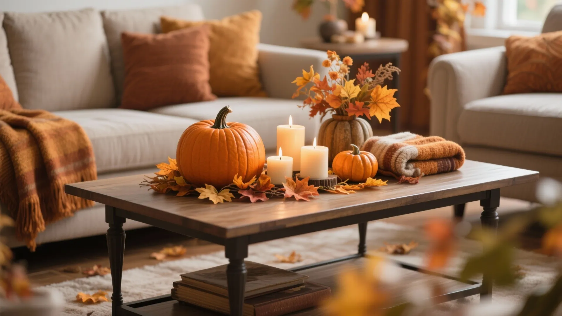 Autumn table decor with pumpkins candles and orange leaves on a wooden living room table