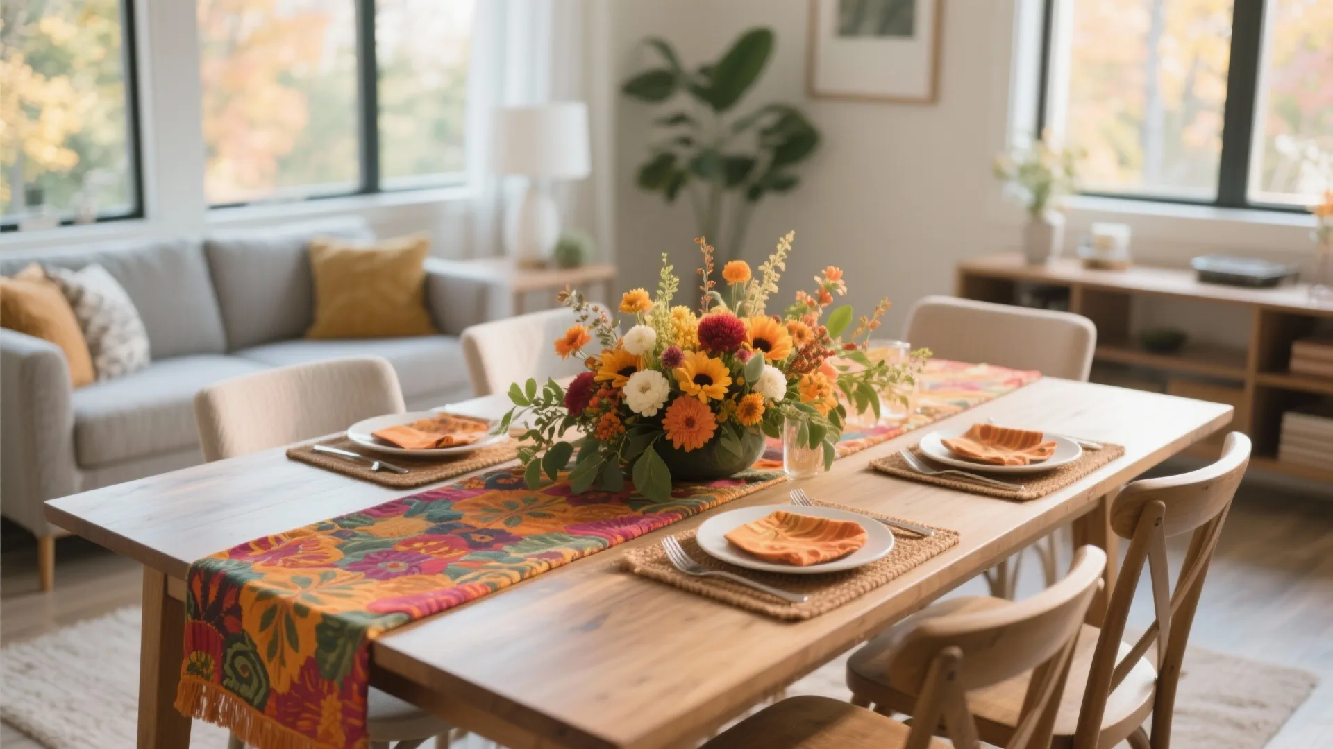 Dining table decorated with seasonal runner and centerpiece
