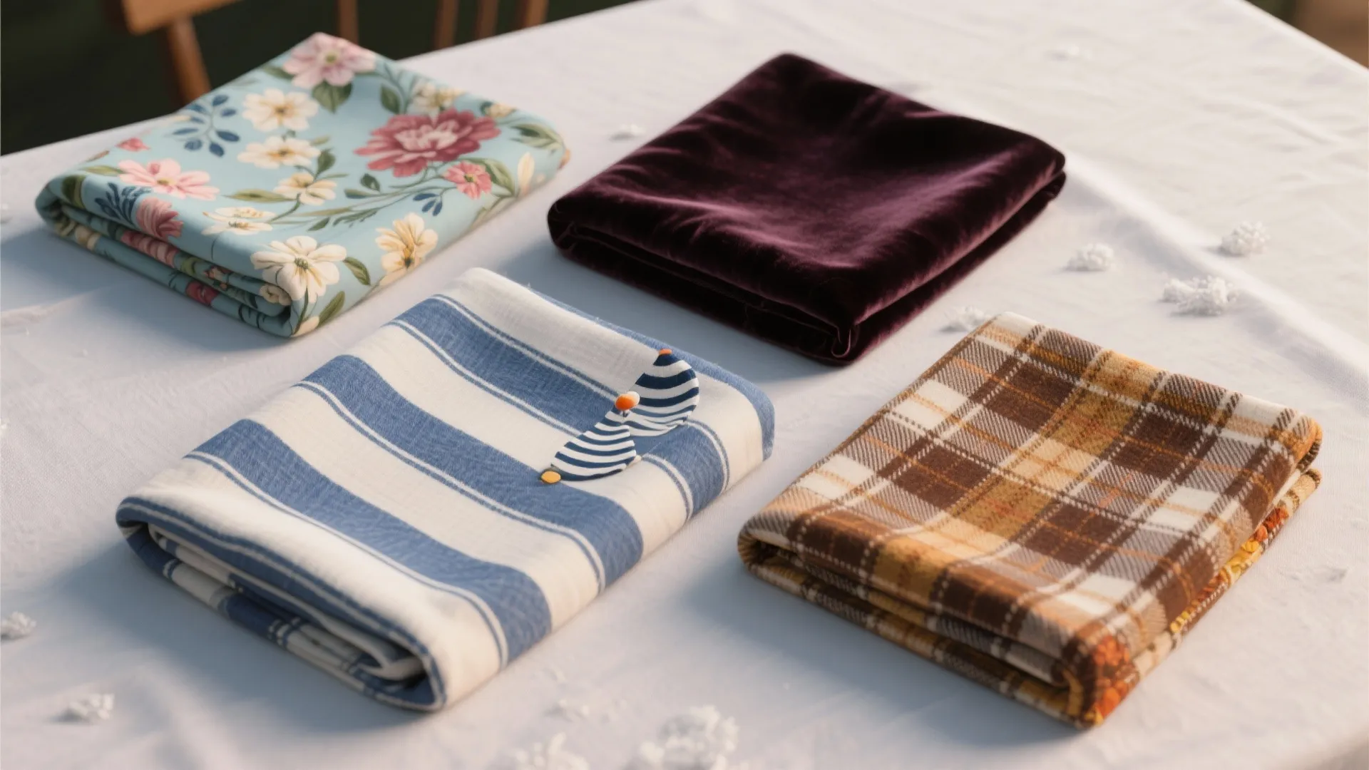 Four seasonal tablecloth styles in a decorative flat lay
