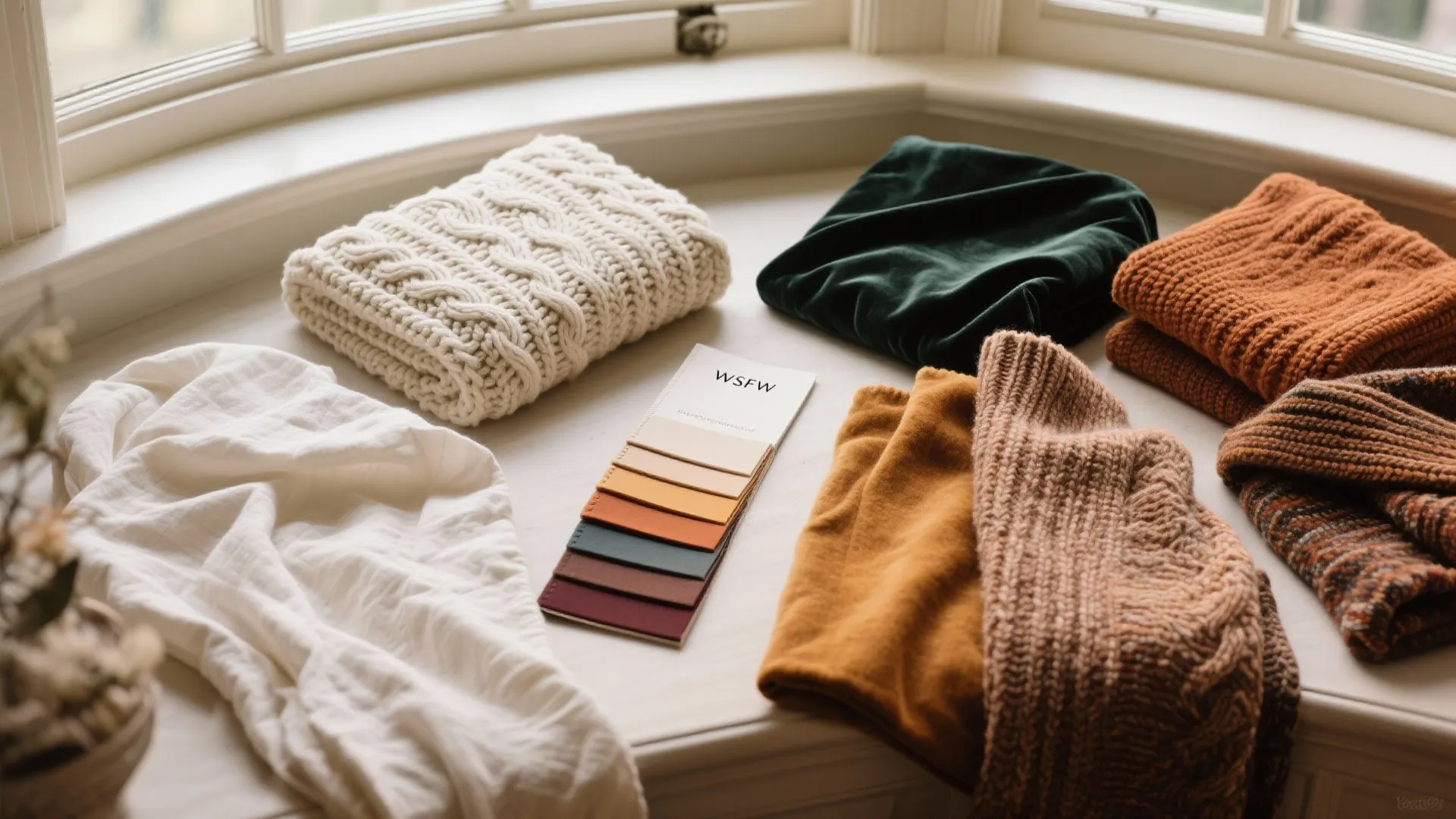 Collection of folded textured blankets and fabric swatches in warm colors on a white window ledge