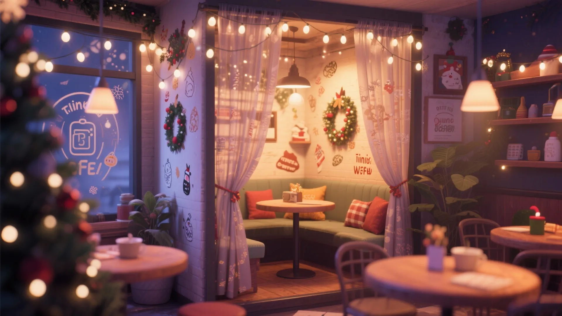 Seasonal decorated cafe corner with decals and lights
