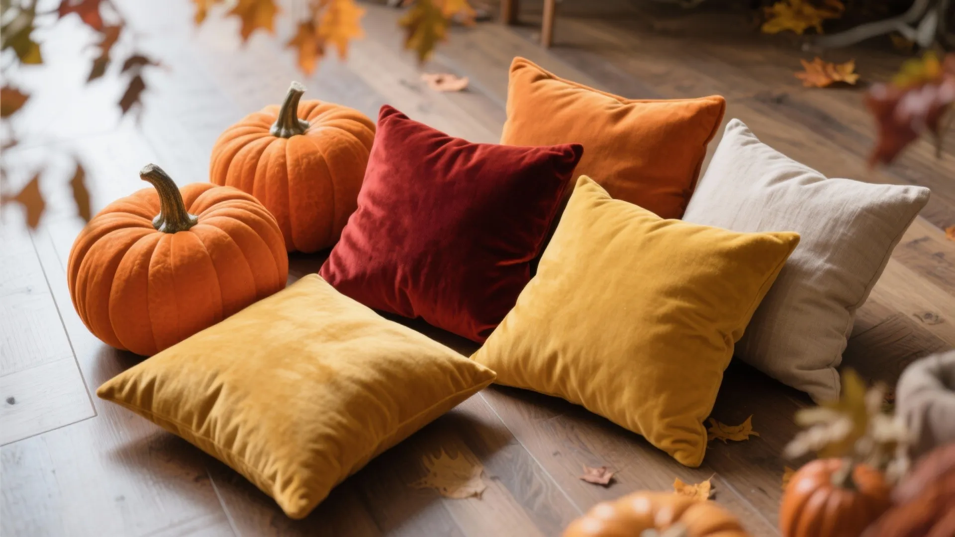 Autumn-colored throw pillows in various fabrics