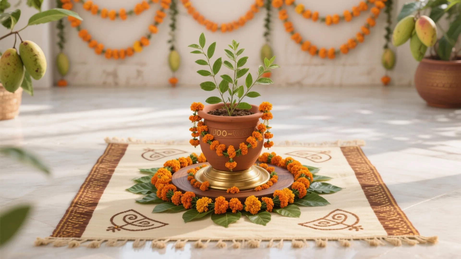 Seasonal Florals, Torans, and Rangoli Around the Pedestal