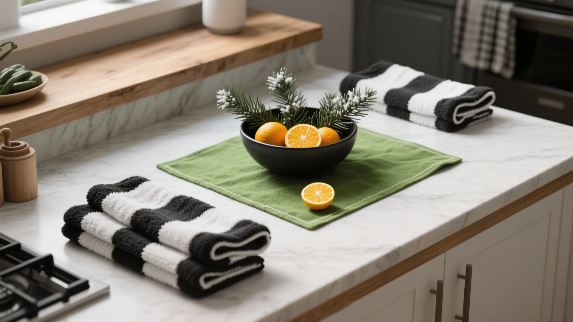 5. Use monochrome towels to anchor seasonal accents