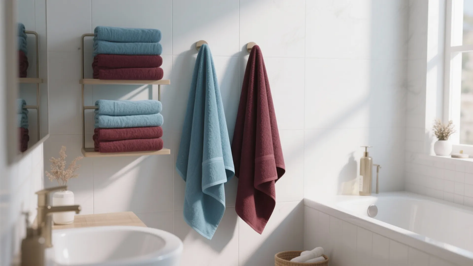 Modern white bathroom with blue and maroon towels hanging on wall hooks near a bathtub