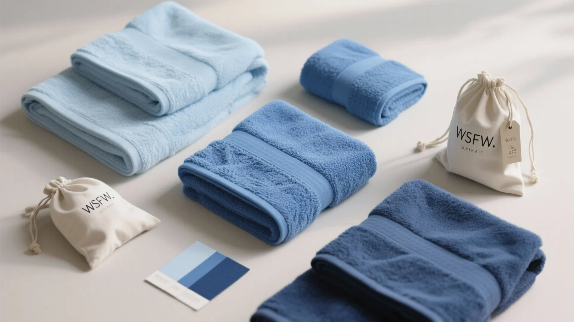 Folded blue towels in various shades arranged with small cotton bags on a white surface