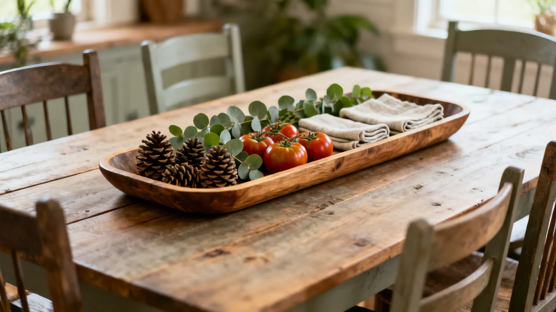 Shallow wooden tray on a farmhouse table holding seasonal decor like pinecones and eucalyptus, low-profile and tidy.