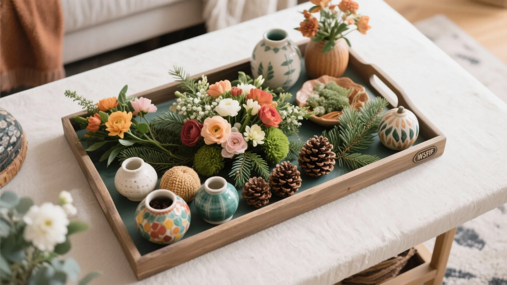 Wooden tray with colorful flowers pinecones small vases and green leaves on a white table
