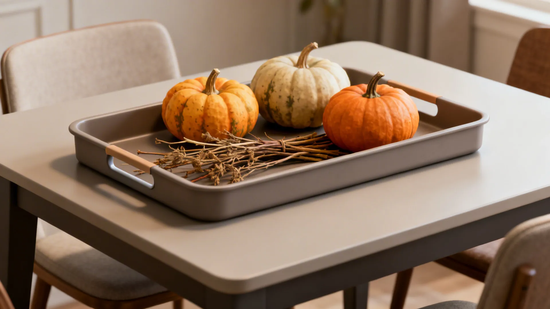 Medium-weight movable tray on a small dining table styled with seasonal accents like mini evergreens and pinecones.