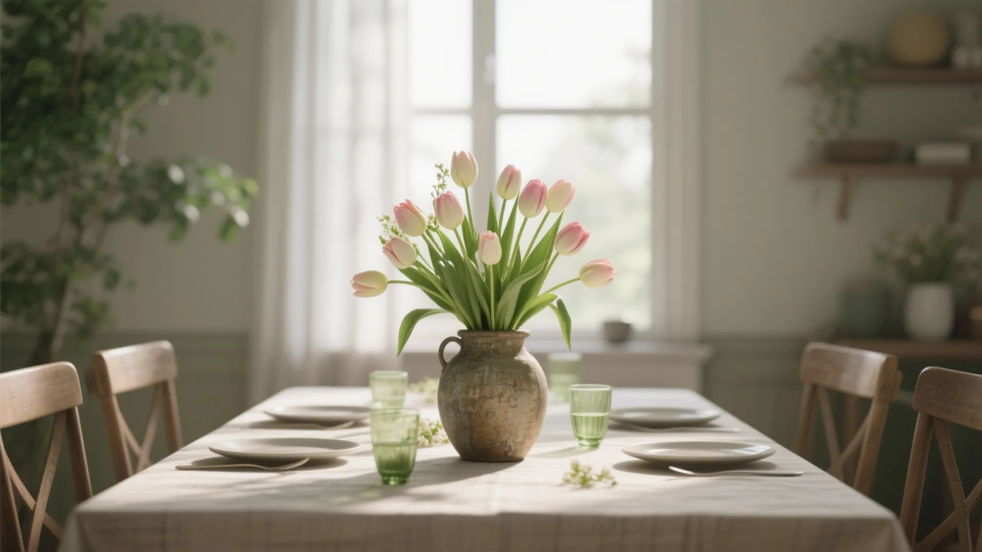 Dining table featuring pink tulips in rustic vase green glasses white plates and soft sunlight