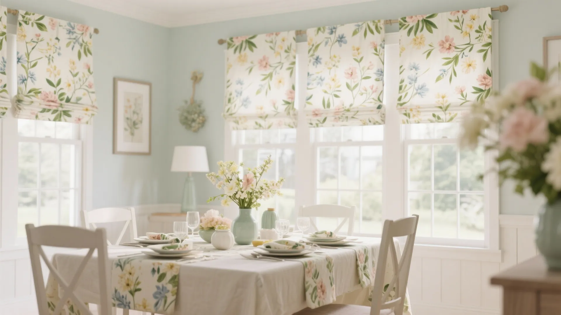 Spring floral valance cover in a bright airy dining space