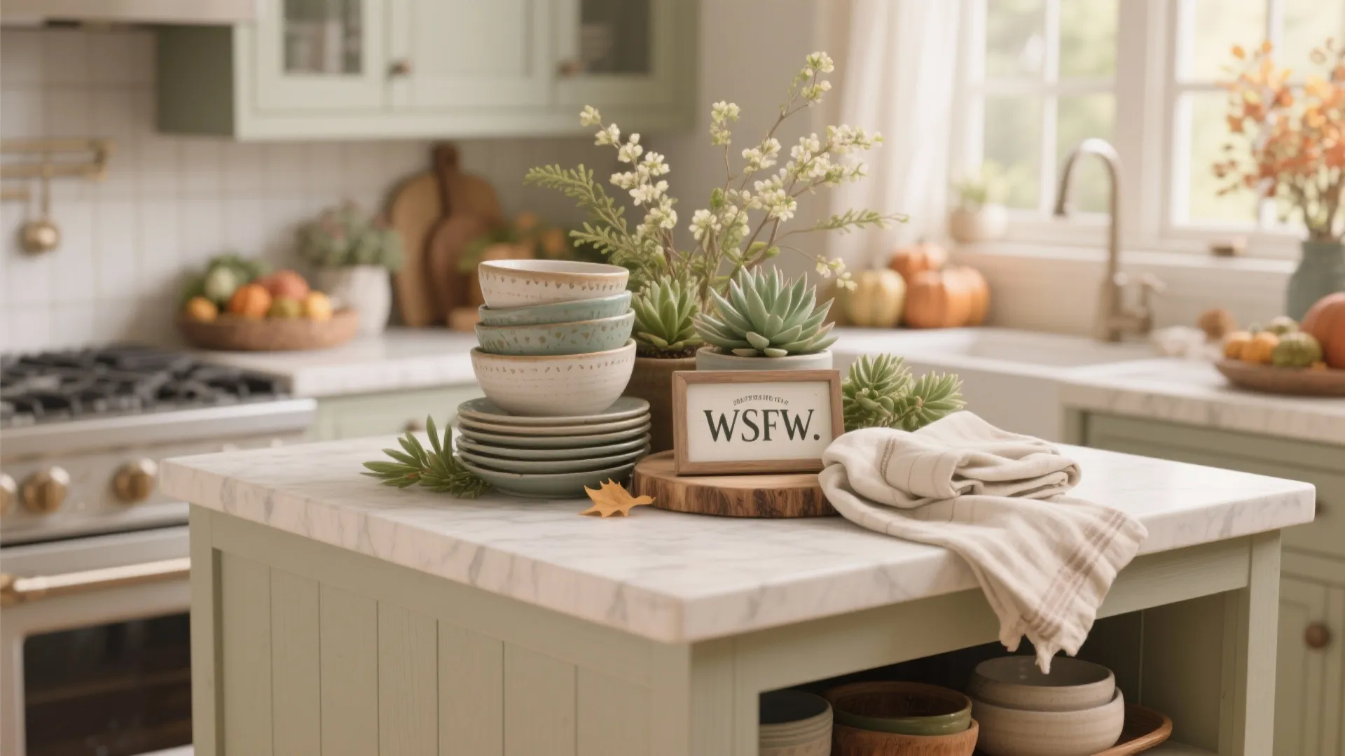 Kitchen island with green cabinets, marble countertop, stacked ceramic bowls, small plants, and seasonal decorations