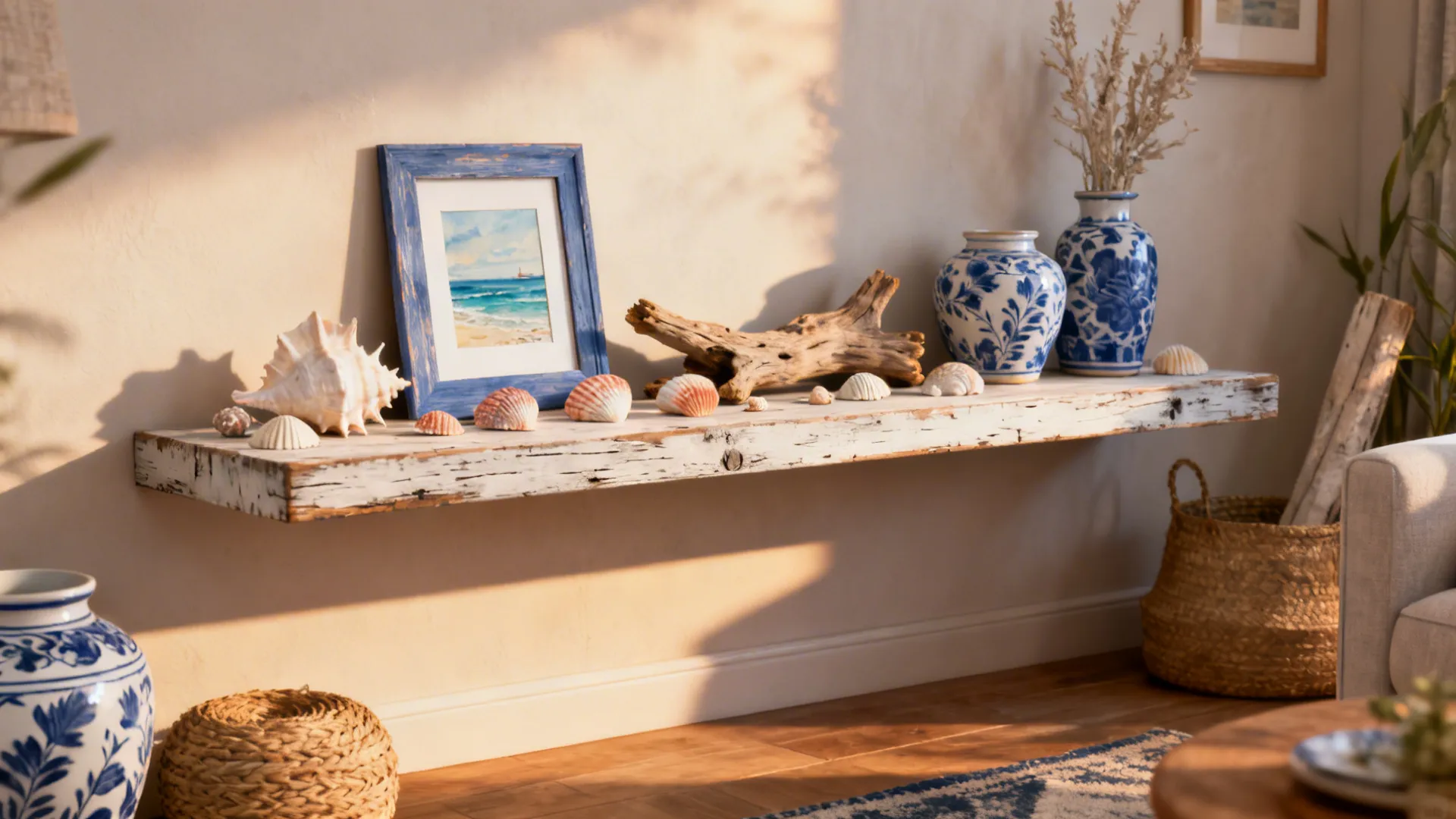 Coastal-themed shelf vignette with seashells, driftwood, and blue-white ceramics for seasonal styling.