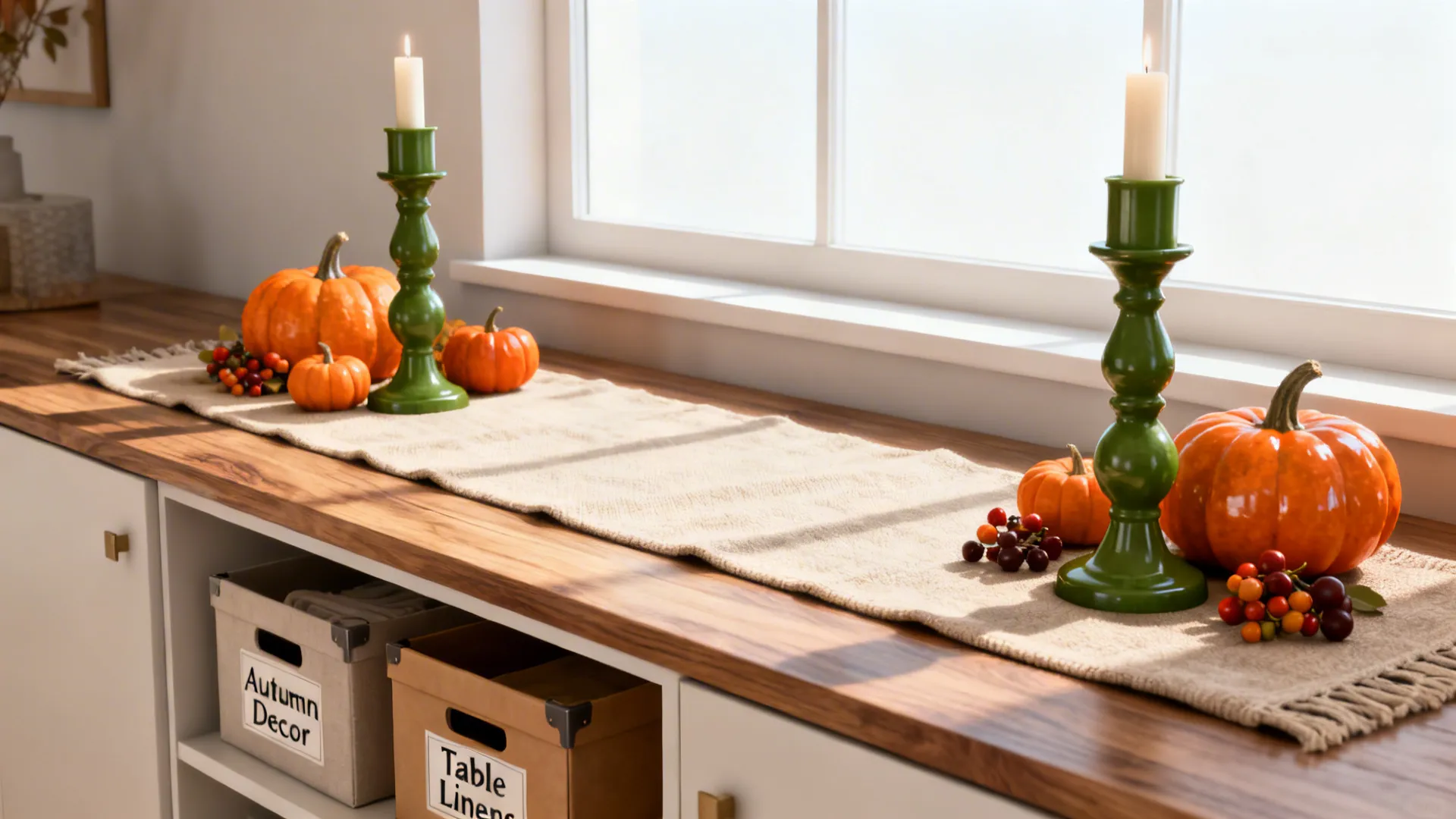 Buffet with a seasonal vignette of evergreen base pieces and autumn accents, with storage boxes underneath.