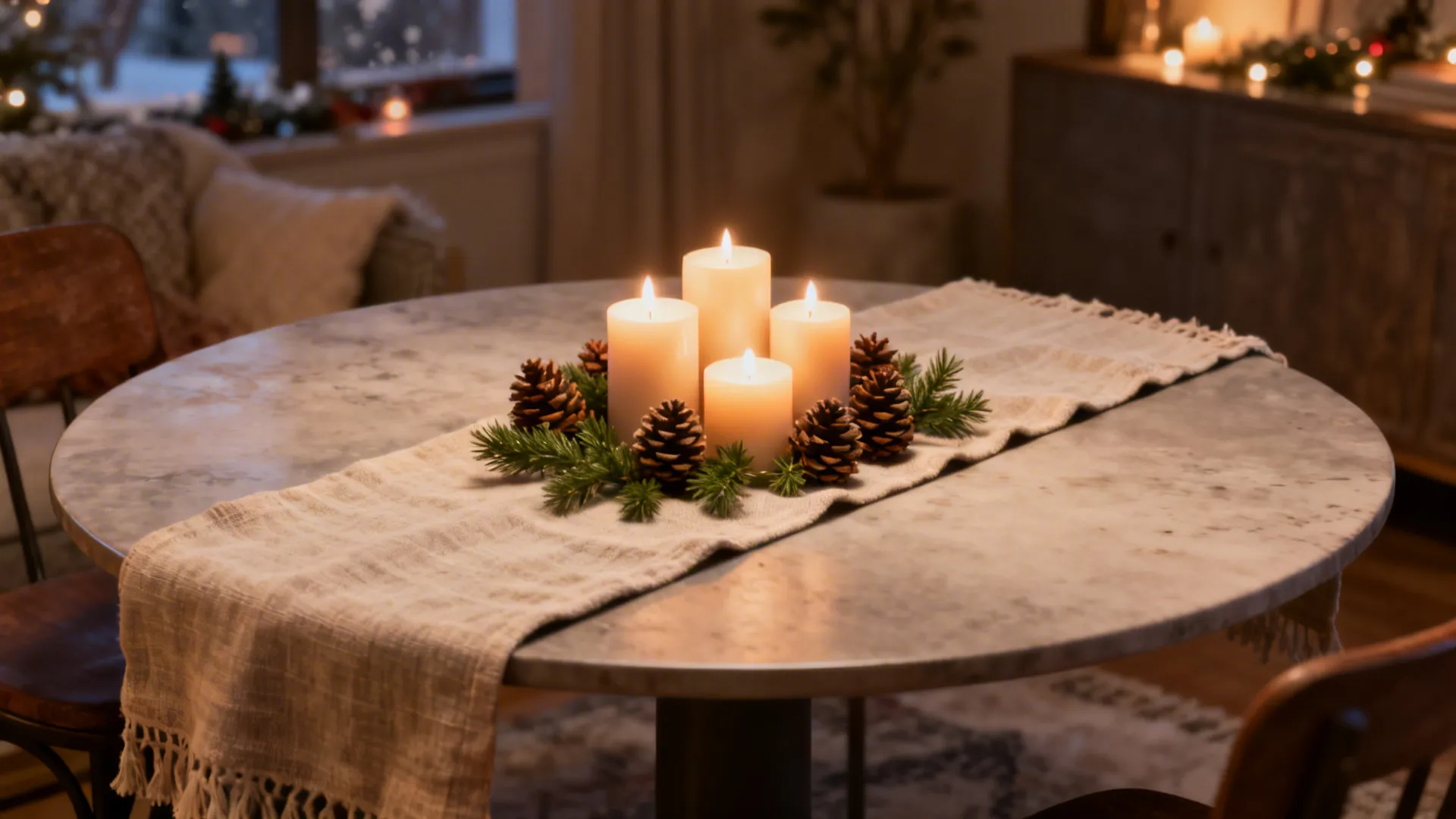 Round table decorated with a winter seasonal vignette of candles, pinecones, and a linen runner.