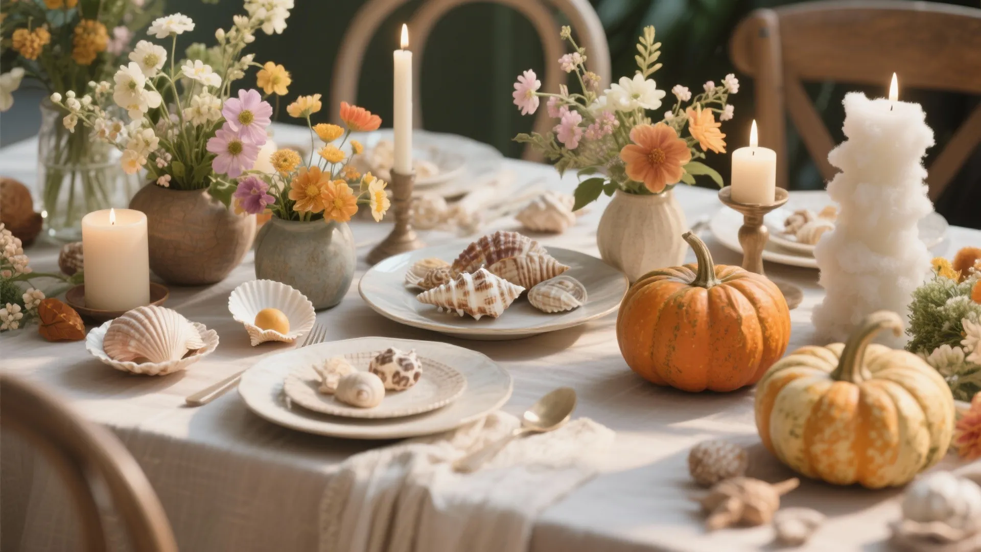 Table set with orange pumpkins, white seashells, flower vases, and lit candles for seasonal dining