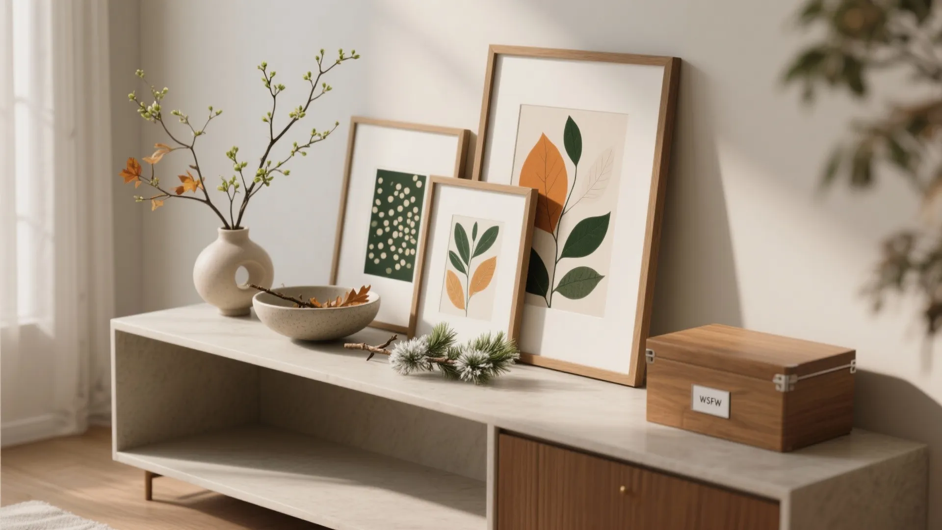 Modern cabinet with framed leaf art prints plus a small vase and a wooden box