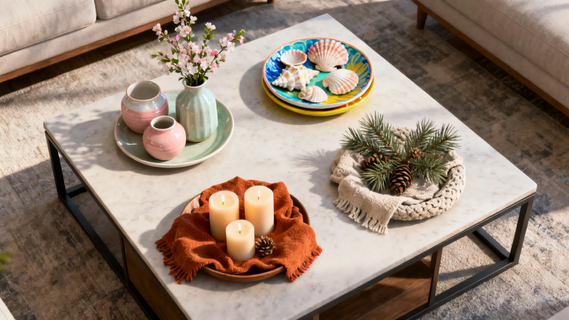 Four seasonal coffee table vignettes showing spring, summer, autumn and winter styling