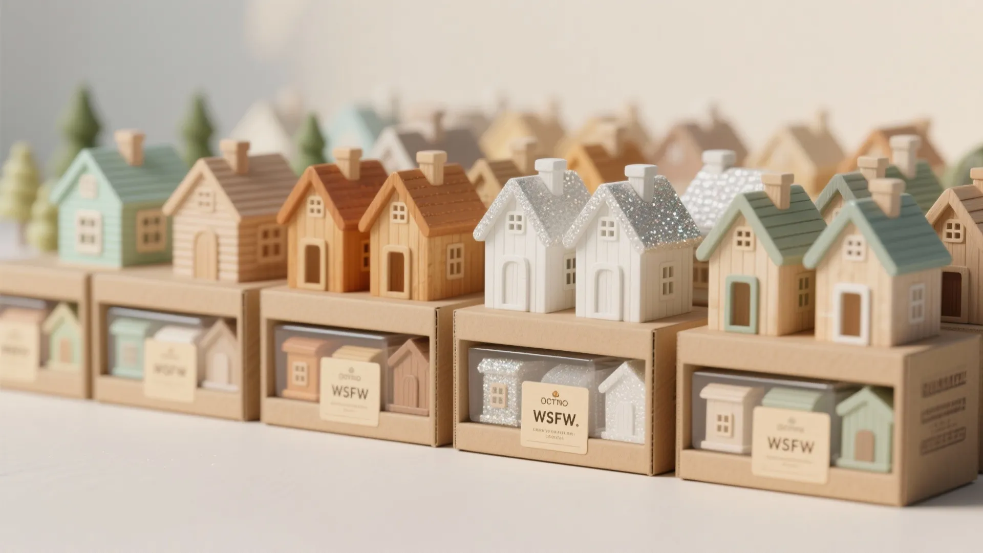Small wooden toy houses in various colors sitting on brown cardboard boxes in a long row