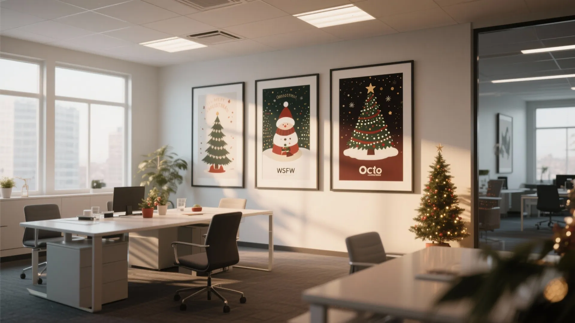 Modern office interior with three Christmas posters on wall beside a small lit Christmas tree decoration