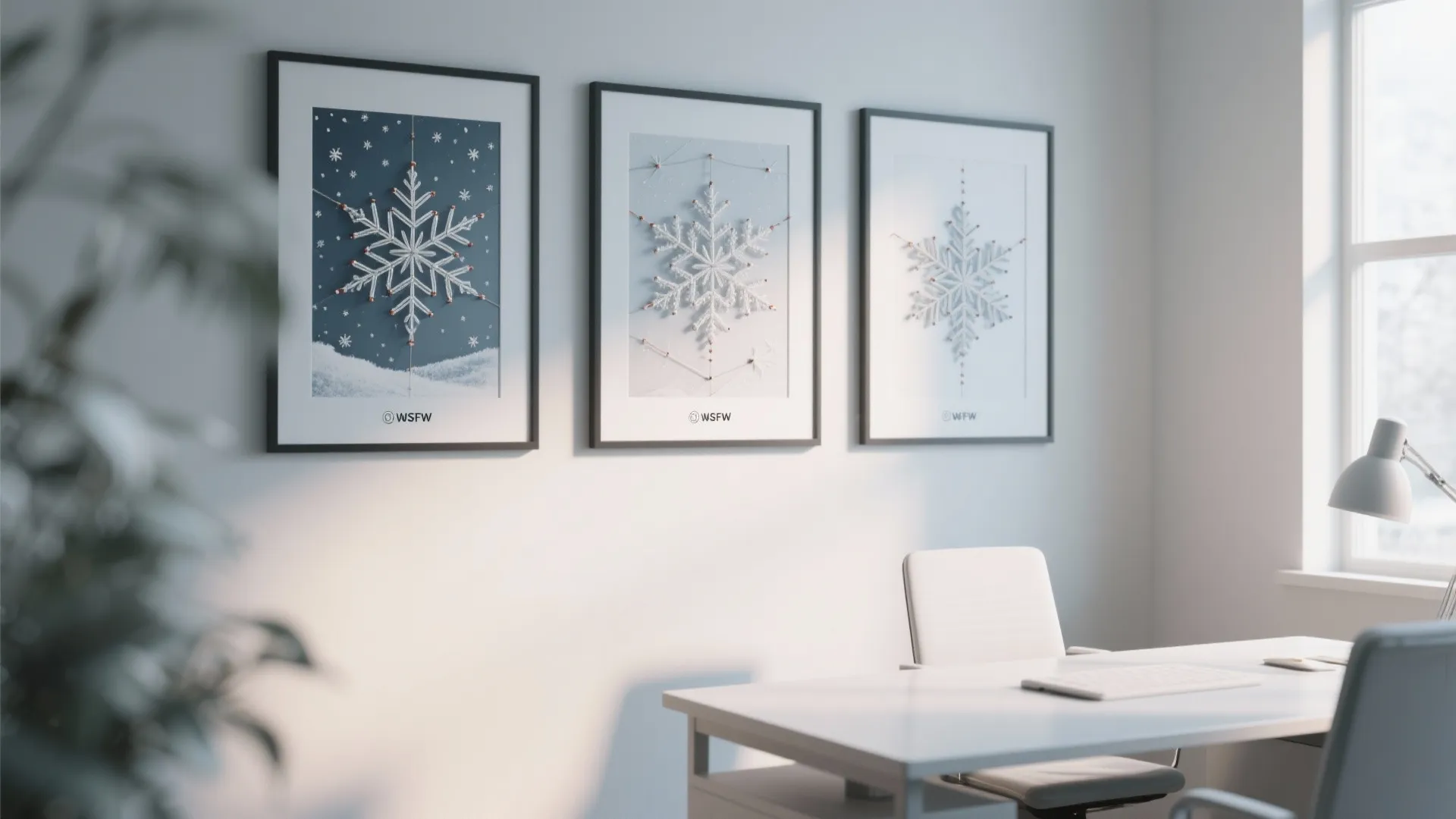 Minimalist home office with three snowflake wall art frames white desk chair and natural light