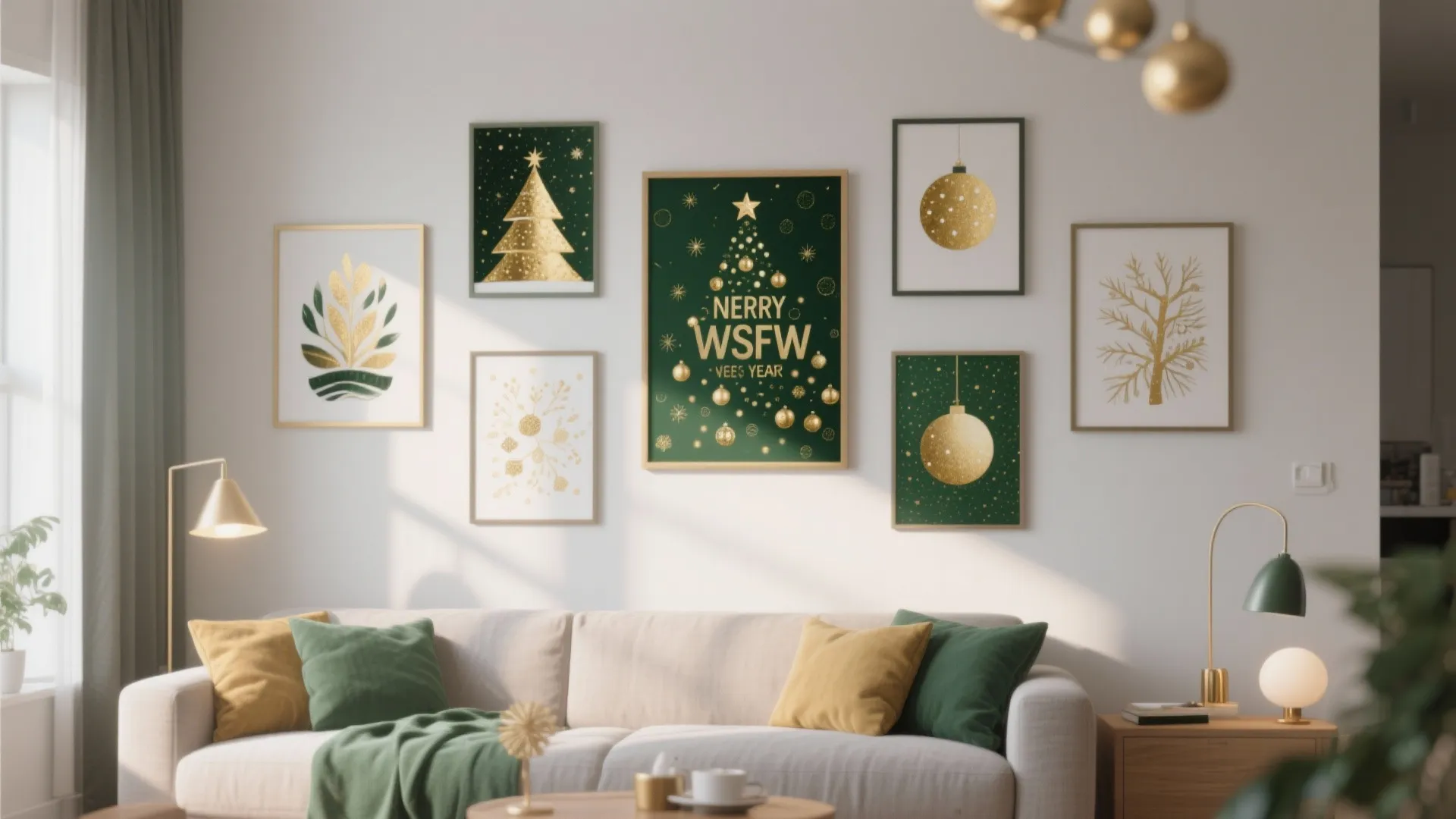 Modern apartment wall with festive seasonal art prints in gold and green