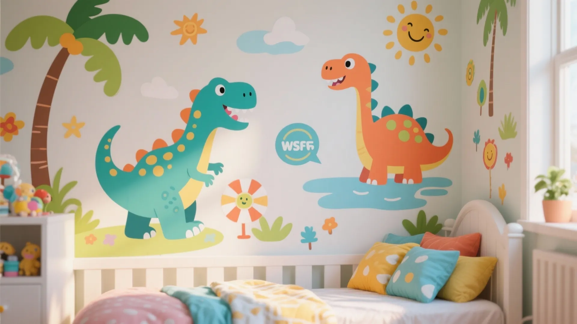 Kids bedroom wall with colorful dinosaur stickers plus white bed and bright yellow blue pillows
