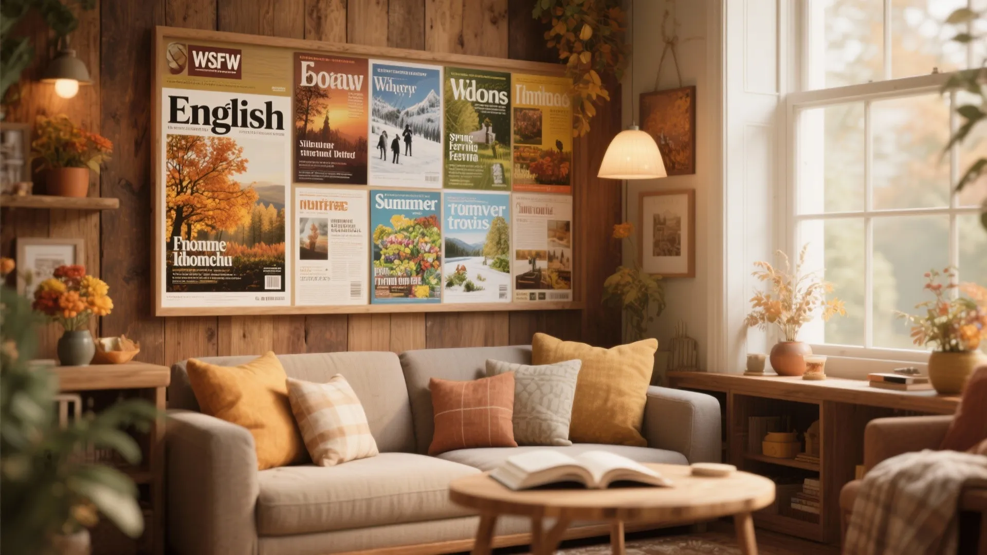 Cozy living room with grey sofa and wood wall displaying multiple seasonal magazine covers decor