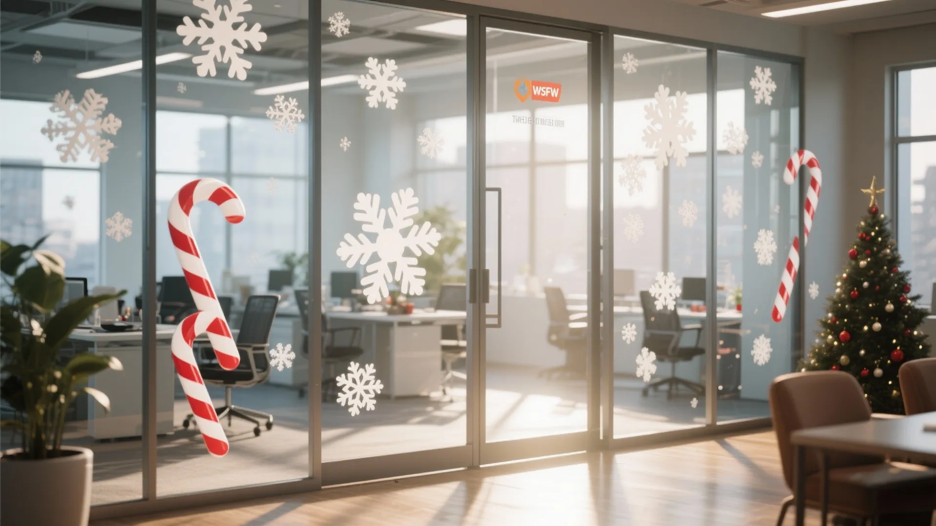 Glass office windows with festive seasonal clings