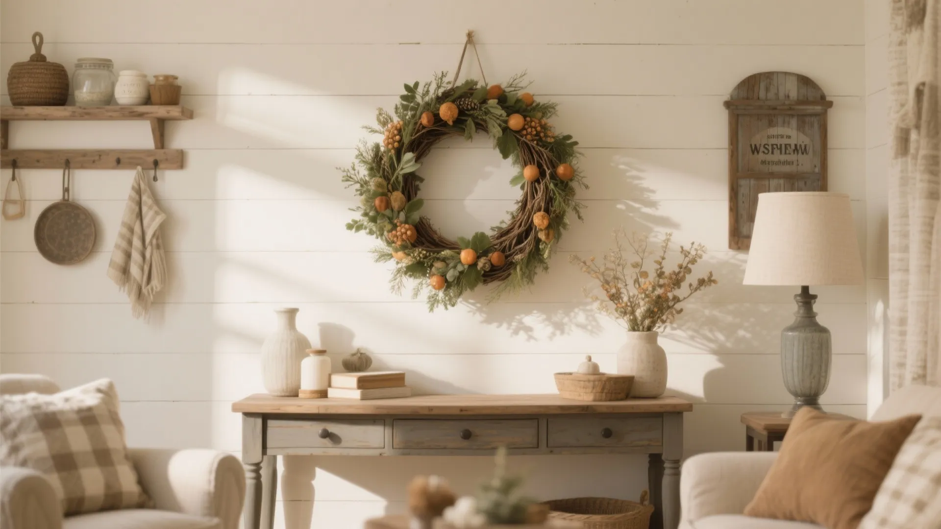 Indoor seasonal wreath displayed above console in farmhouse style