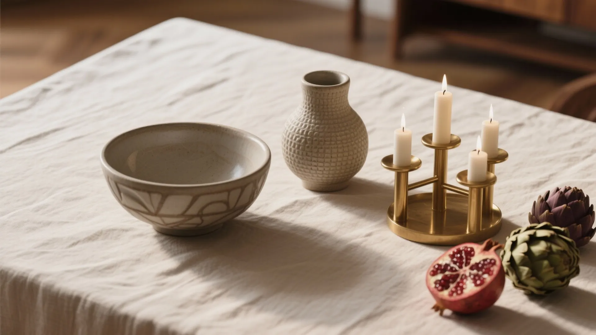 Flat lay of statement bowl, textured vessel, and candleholder cluster on linen with seasonal fruit accents.