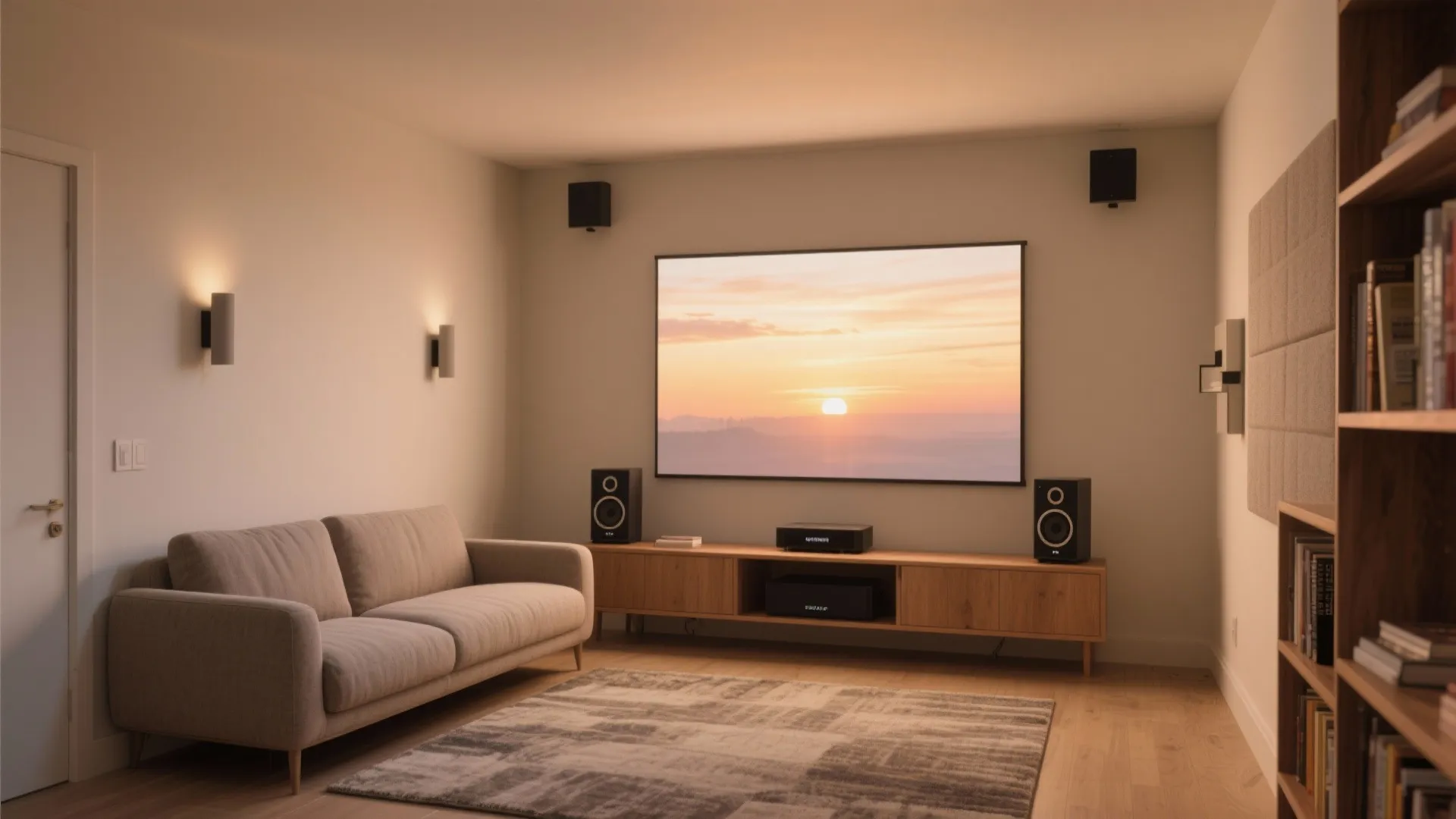Cozy living room with sunset on projector screen, grey sofa, wooden cabinet, and wall lights