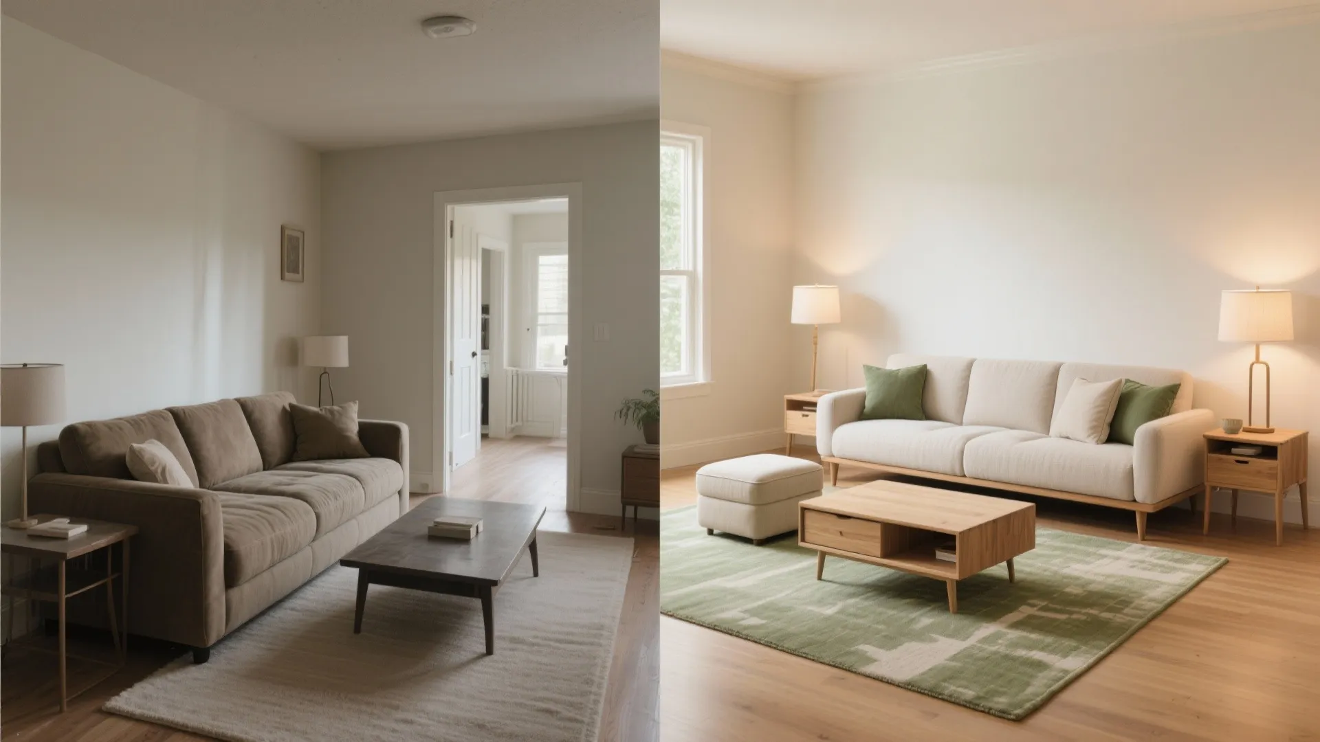 Before and after comparison showing living room transformation from dark furniture to bright and modern