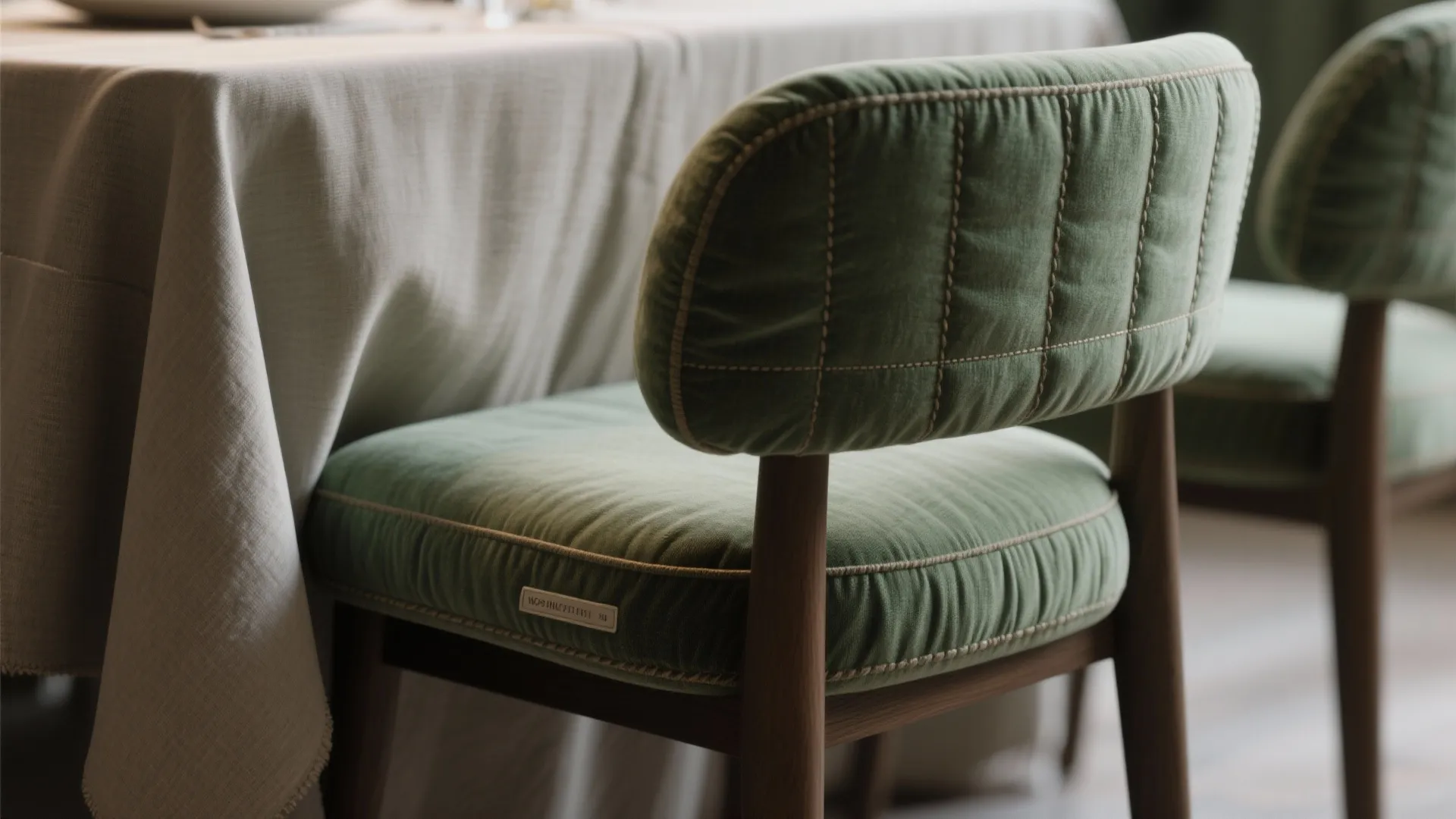 Close-up of durable linen seat cushions and tailored slipcovers on dining chairs showing texture and stitching.