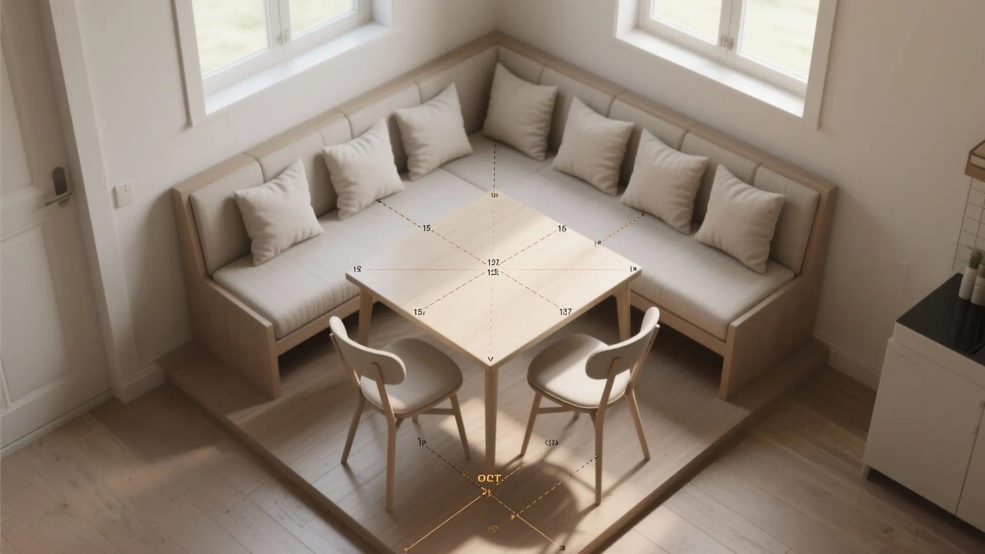 Interior design drawing showing corner seating area with wooden table and chairs with measurement lines