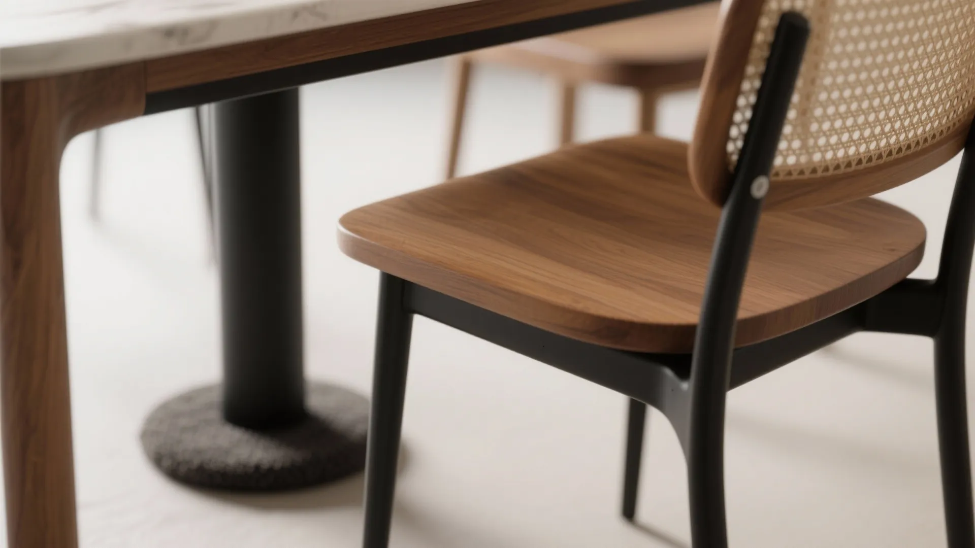 Close up of a wooden chair with woven back next to a white marble dining table