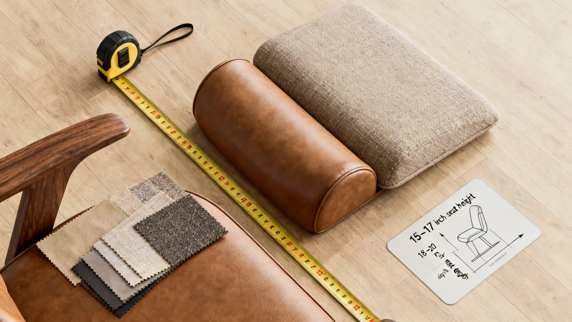 Flatlay of upholstery swatches, tape measure and diagram illustrating ideal seat dimensions