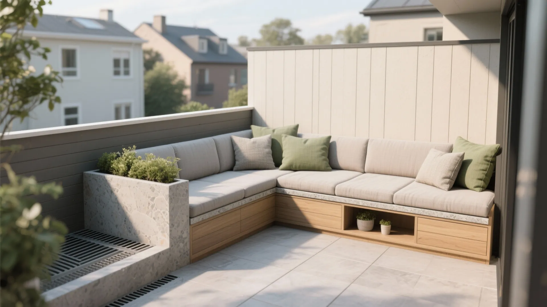 Outdoor patio area featuring a wooden corner sofa with grey cushions and white wall panels