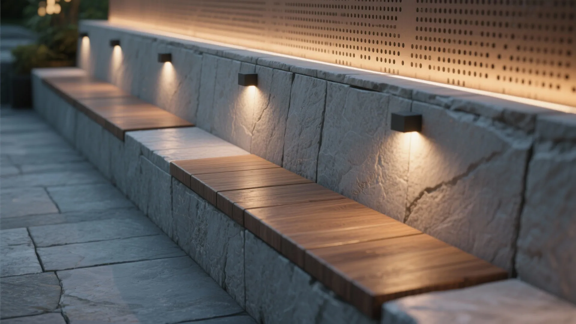 Long stone bench with wooden seats and small wall light fixtures illuminating the outdoor path